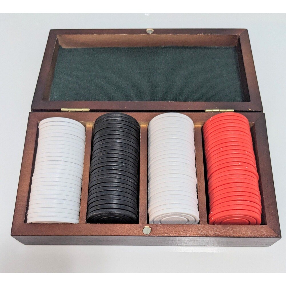 Vintage Poker Chip Set Wood Box Felt Lining 3 Colors Plastic Disk Playing Chips